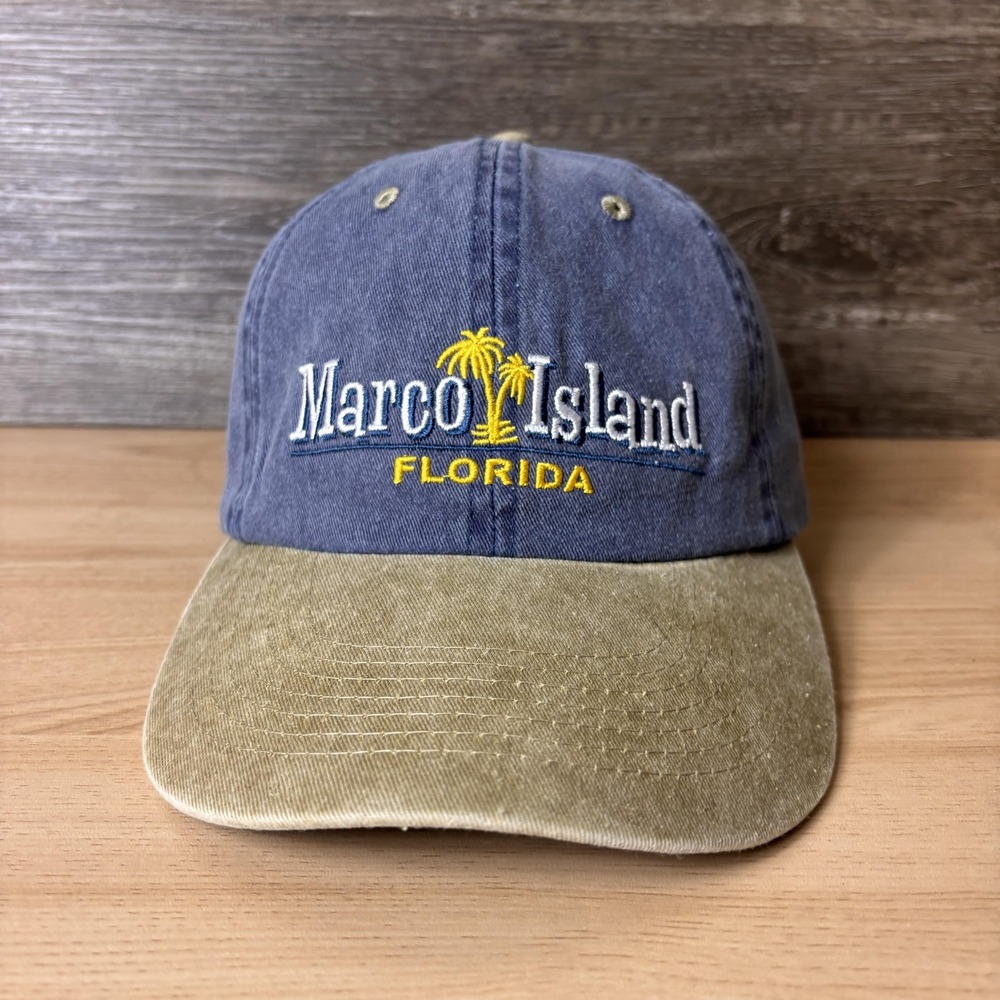 Marco Island Florida Hat Cap Strap Back Blue Tan Embroidered Palm Tree Mens Dad
